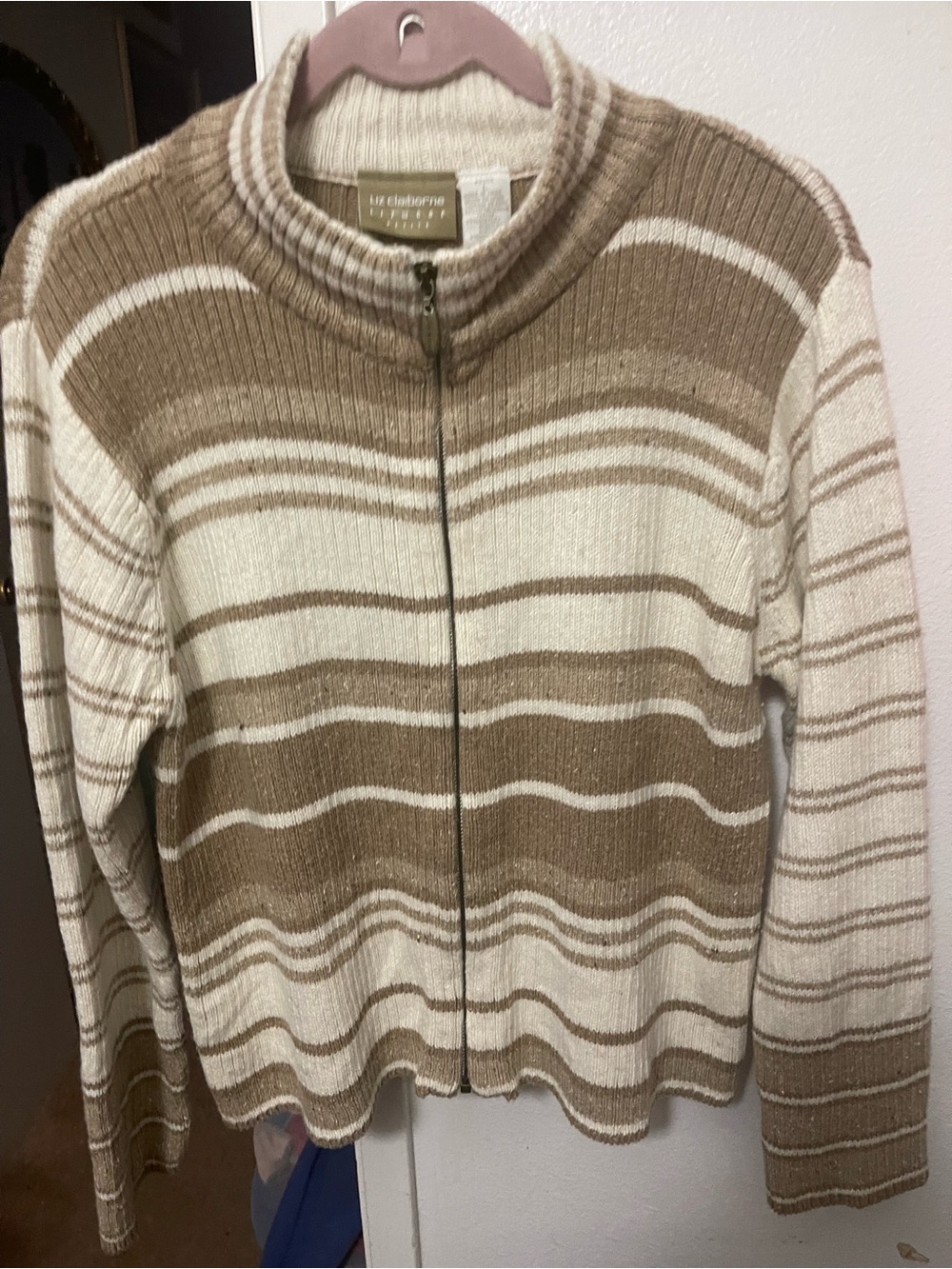 Liz Claiborne Tan and Cream Striped Zip-Front Cardigan